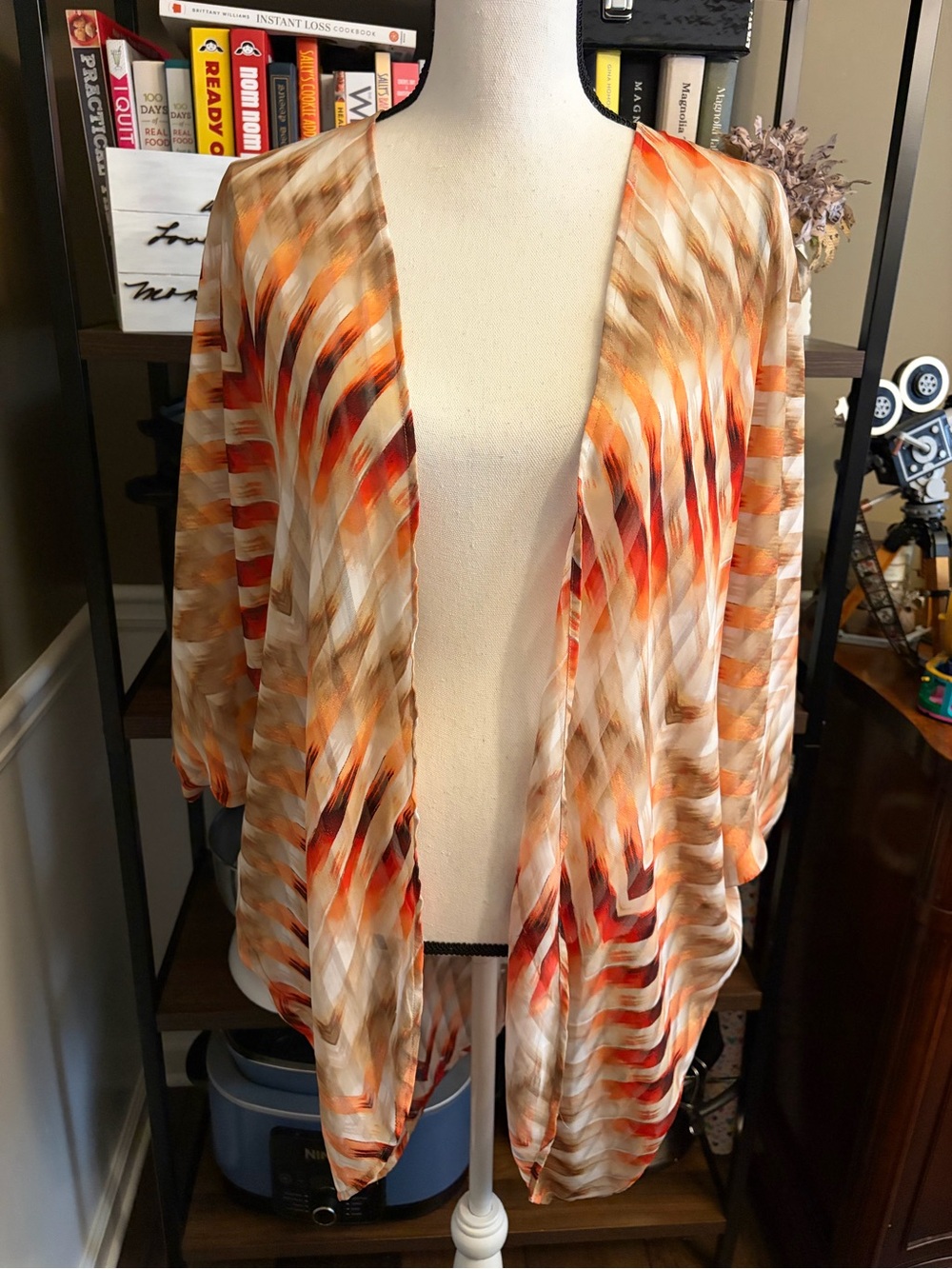 Chico's Lightweight Open-Front Kimono Cardigan in Orange, Tan, Cream
